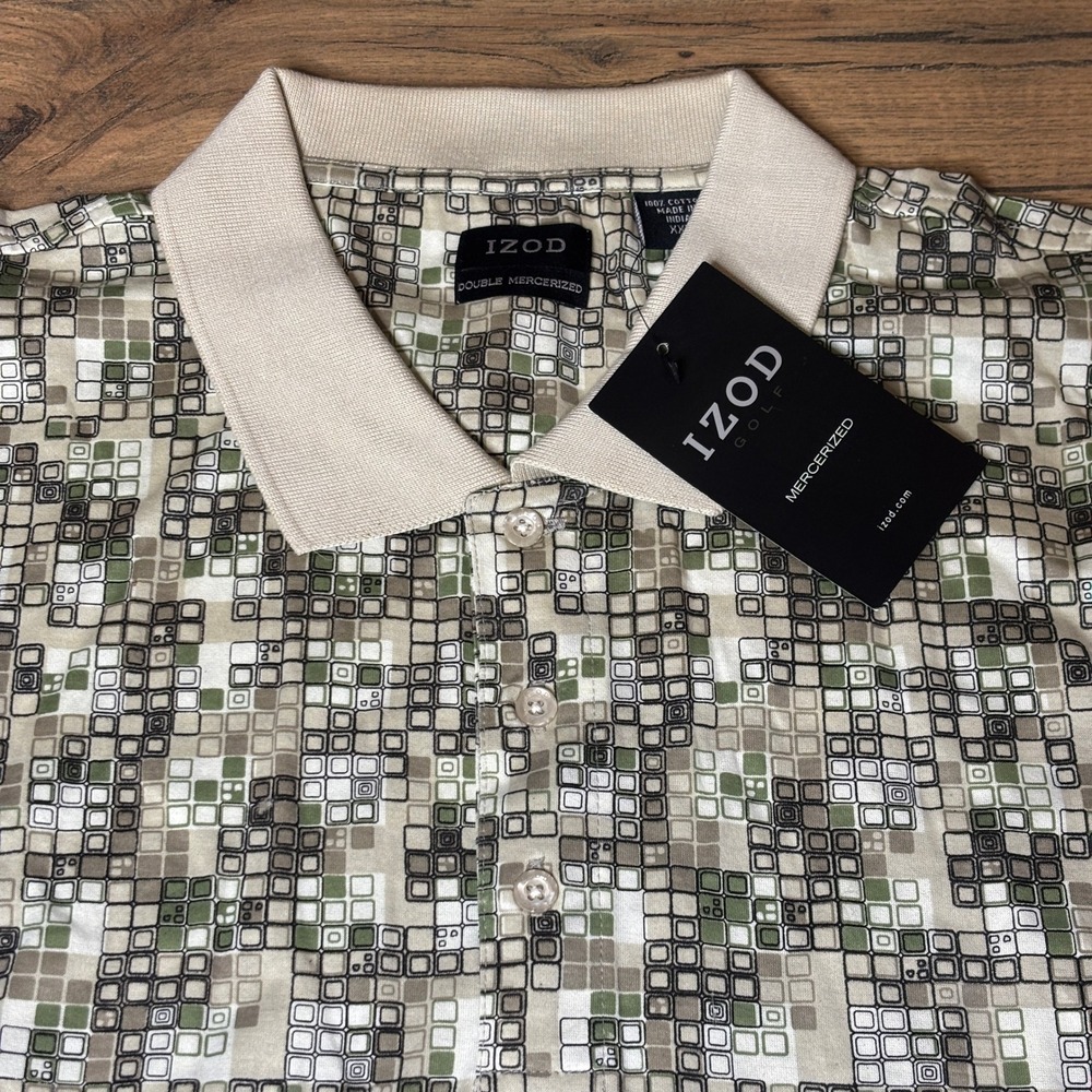 IZOD Golf Mens XXL Polo Shirt Green Tan Geometric Double Mercerized Cotton NWT - Picture 2 of 9